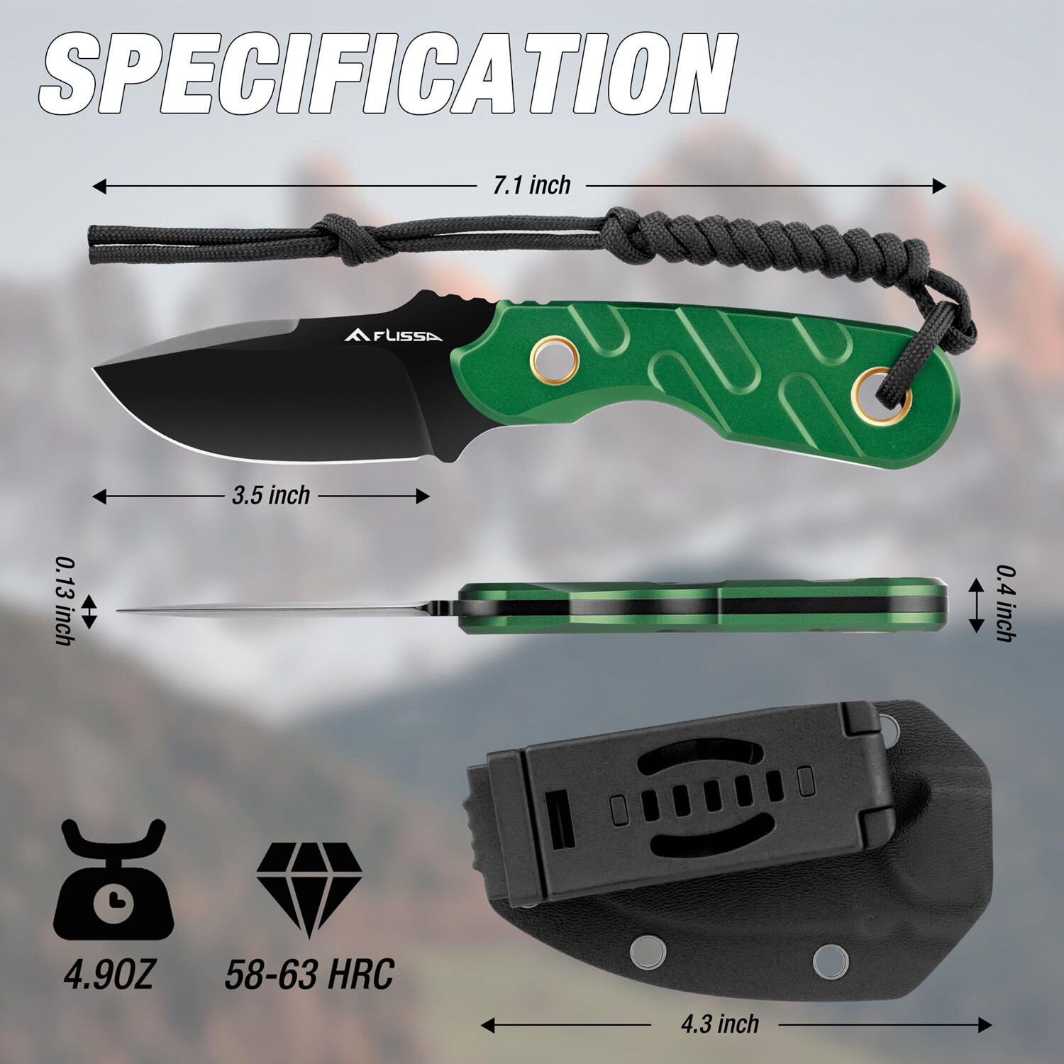 FLISSA 7Inch Fixed Blade Knife Full Tang Hunting Knife Tactical Knife G10 Handle