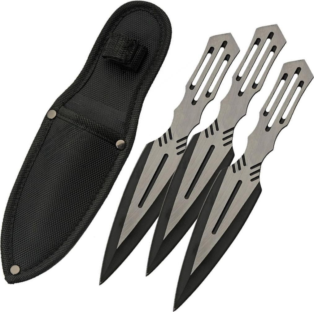 Throwing Knife Set 3-Pc. Black/Silver Stainless Steel Blade 8in Overall + Sheath