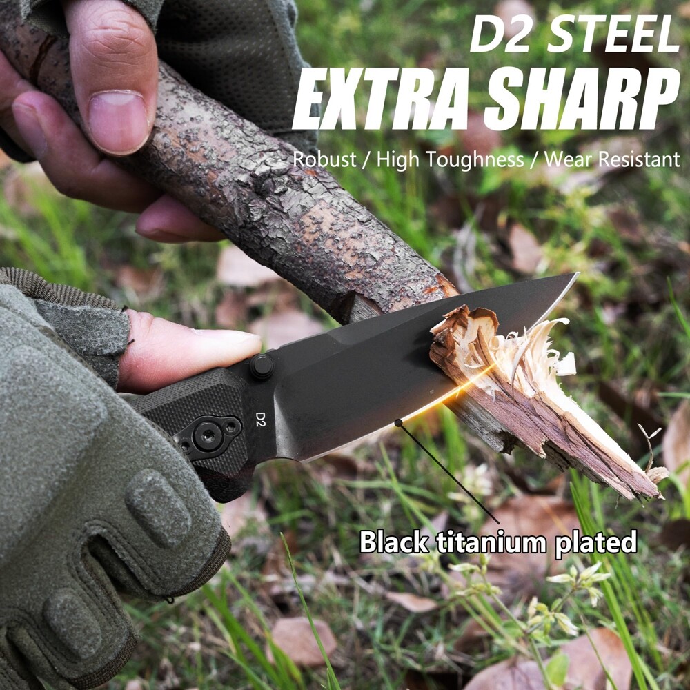 FLISSA Folding Pocket Knife 3.3-inch D2 Blade G10 Handle Knife with Button Lock