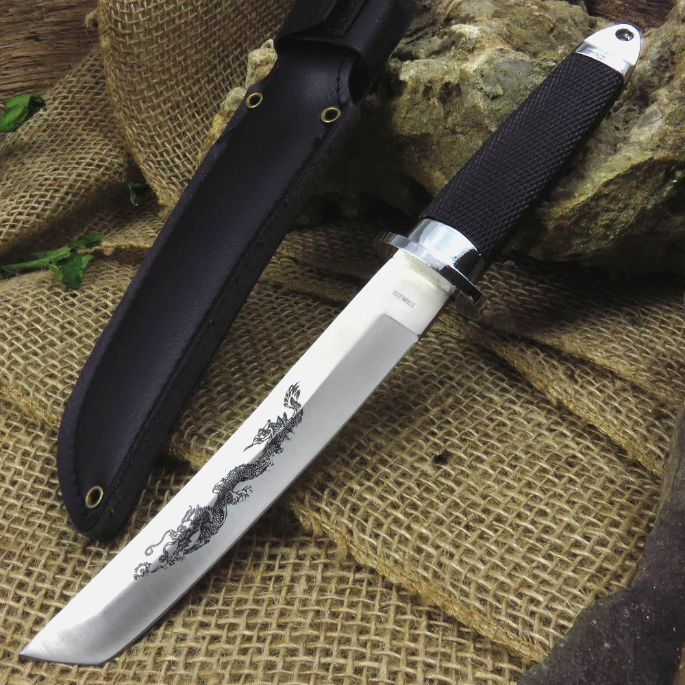 NEW Dagger Fantasy Knife Dragon Silver Black Tanto Blade Stainless Steel+ Sheath