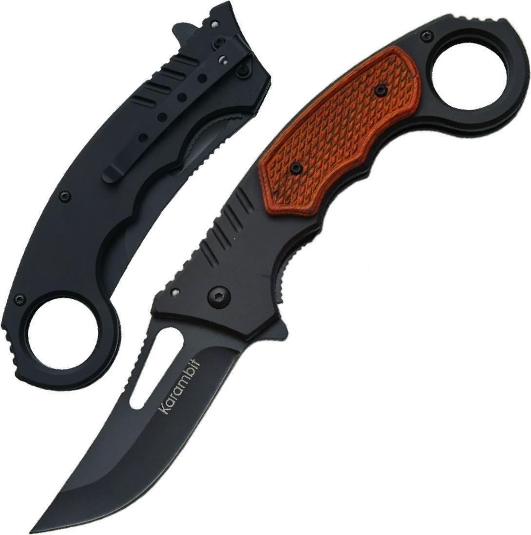 Spring-Assist Folding Pocket Knife 3.75in Black Blade Wood Ring Handle Defender