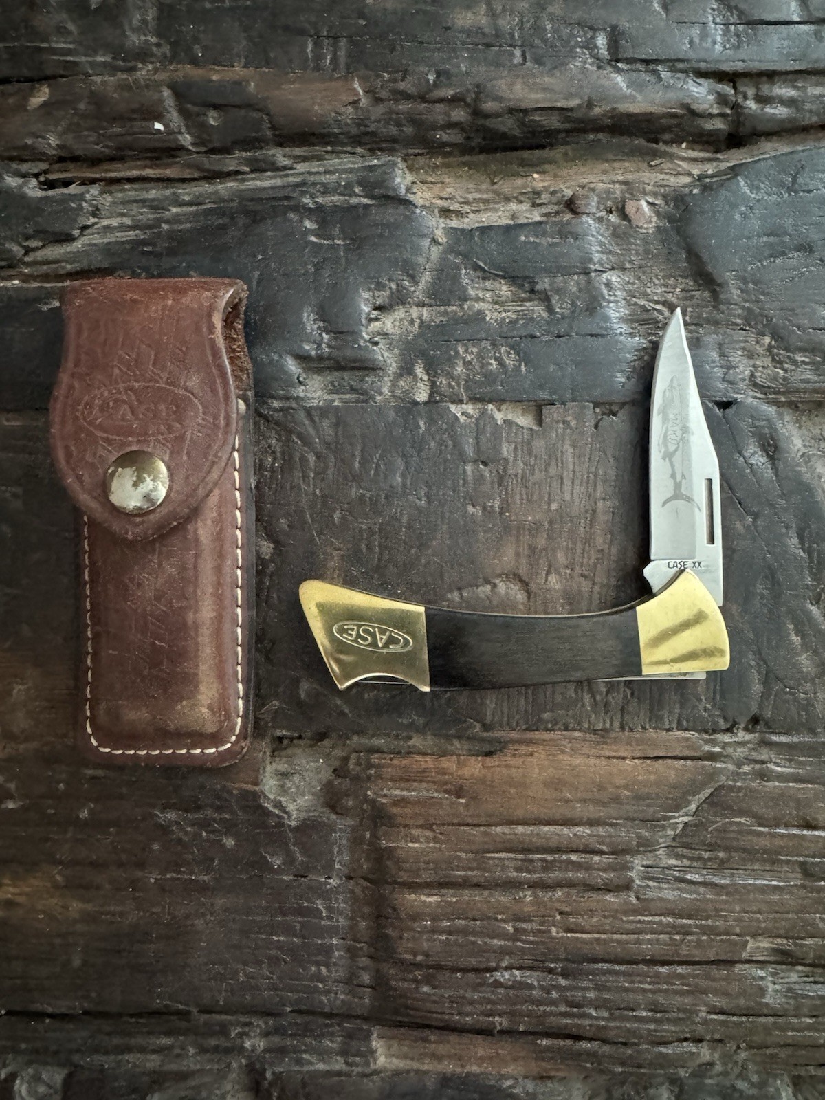 VINTAGE 1989 CASE XX MAKO P158LSSP LOCK BLADE KNIFE WITH LEATHER SHEATH