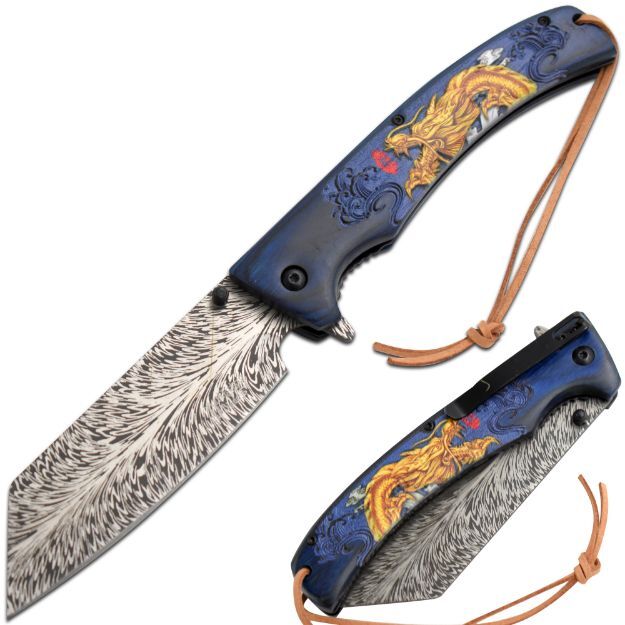 10″ DARK FANTASY BLADES CLEAVER STYLE GRAPHIC SPRING ASSISTED FOLDING KNIFE BLUE