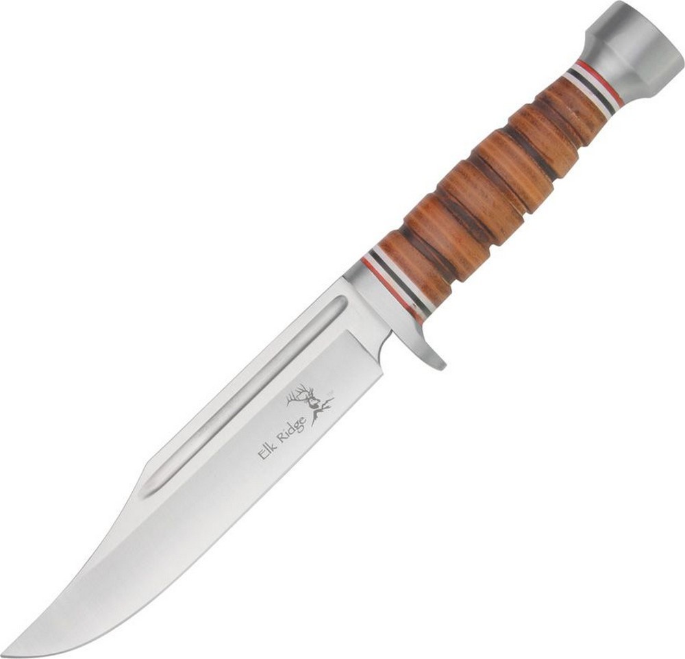 Elk Ridge Hunter Fixed Knife 440 Stainless Blade Stacked Leather Handle ER-047