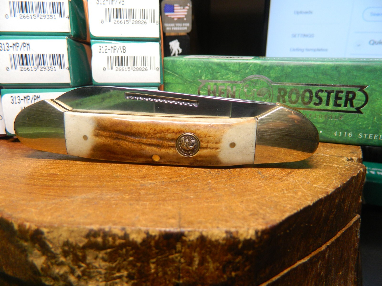 HEN & ROOSTER POCKET KNIFE 4 1/2″ STAG HANDLE CANOE 3-4116GS BLADES HRI353L-DS