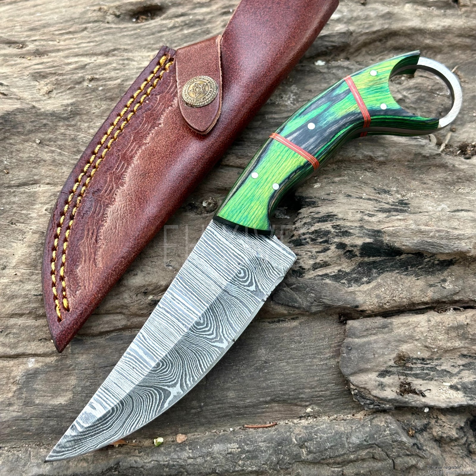 8” Damascus Steel Hunting Skinner Knife – Custom Fixed Blade – Gift for Men