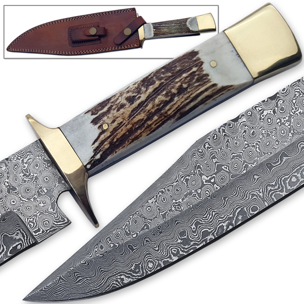 Custom Made Damascus Steel Bowie Hunting Knife w/ Stag Horn Handle 1095 HC Forge