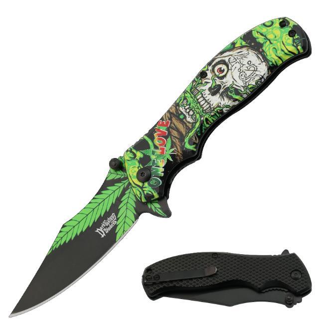 8.5″ DARK FANTASY BLADES SKULL PRINTED METAL SPRING ASSISTED FOLDING KNIFE GREEN