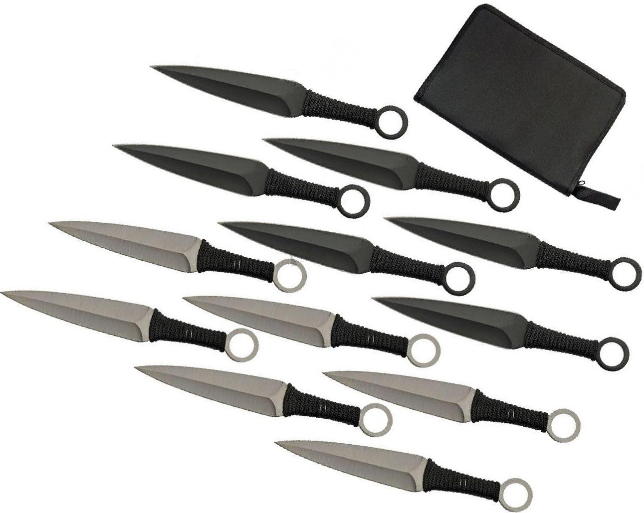 Kunai Throwing Knife Set 12-Pc Stainless Steel 6in Overall Black/Silver + Sheath