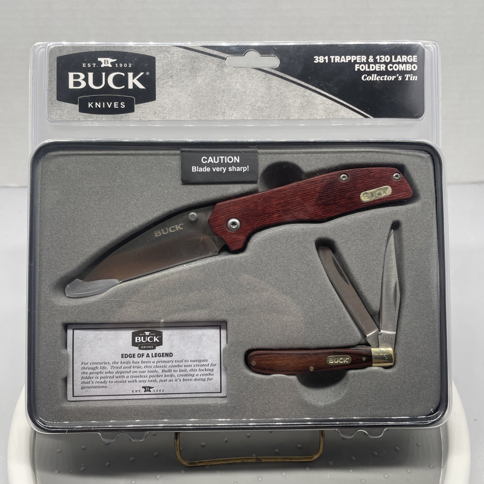 Buck Knives 381 Trapper & 130 Large Folder Combo, Pakkawood, Elk Collector Tin