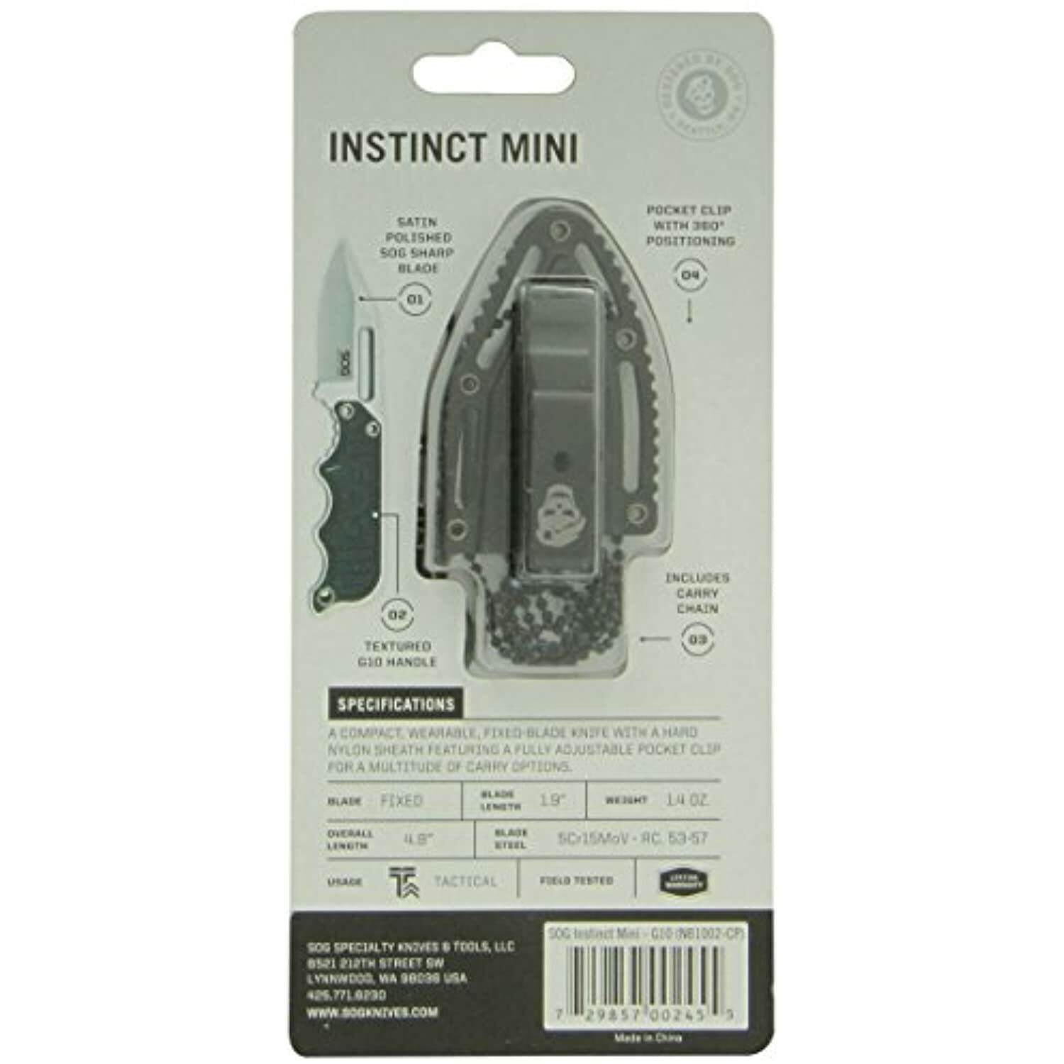 SOG Instinct Mini Small Fixed Blade Knife- 1.9 Inch Full Tang Adjustable Clip