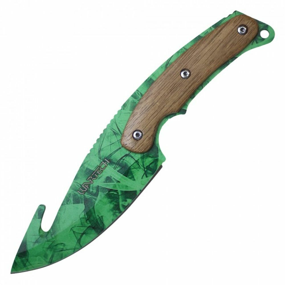 Gut Hook Hunting Knife | Wartech 9.5″ Green Blade Wood Handle Skinner + Sheath