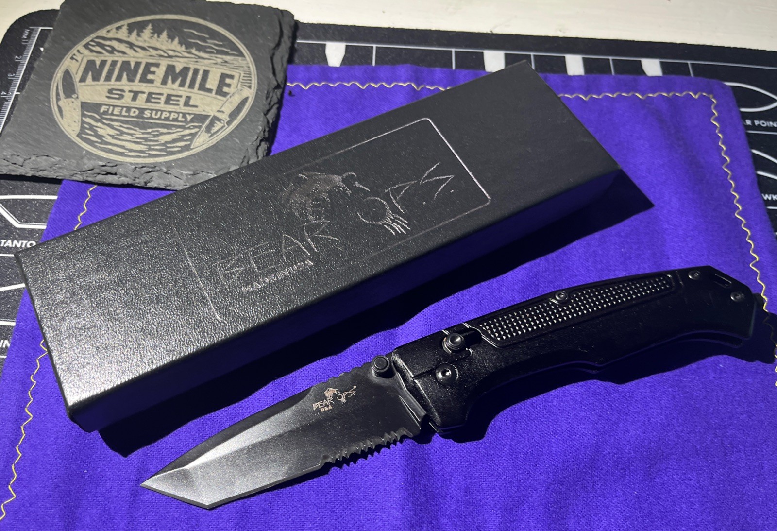 Bear OPS 560 Slide Lock Knife, 4.5in Tanto, Black Aluminum Serrated MC-560AlBK-B