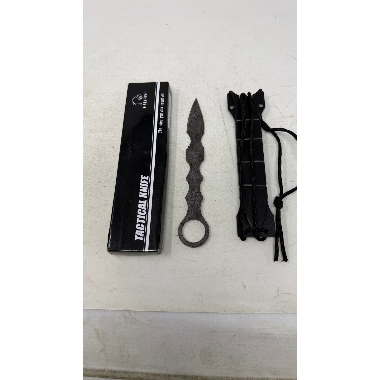 Falcon Tactical Knife 440 Stainless Steel Damascus Pattern Fixed Blade Sheath