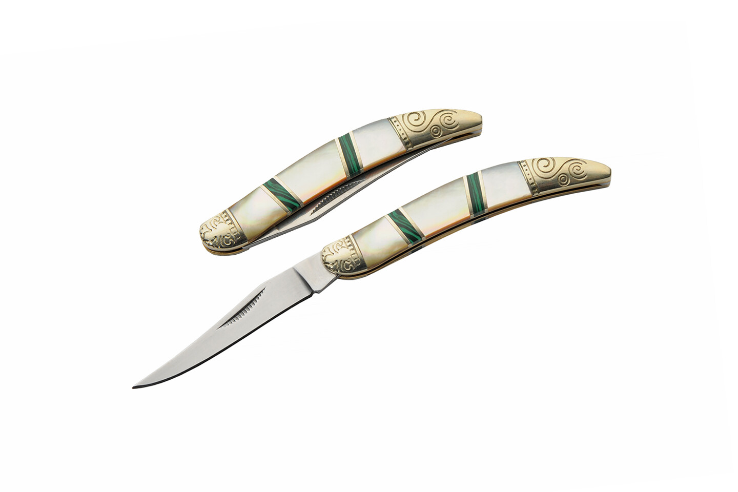 Folding Knife Mother of Pearl & Malachite Inlay Brass Bolster Celtic Engraved