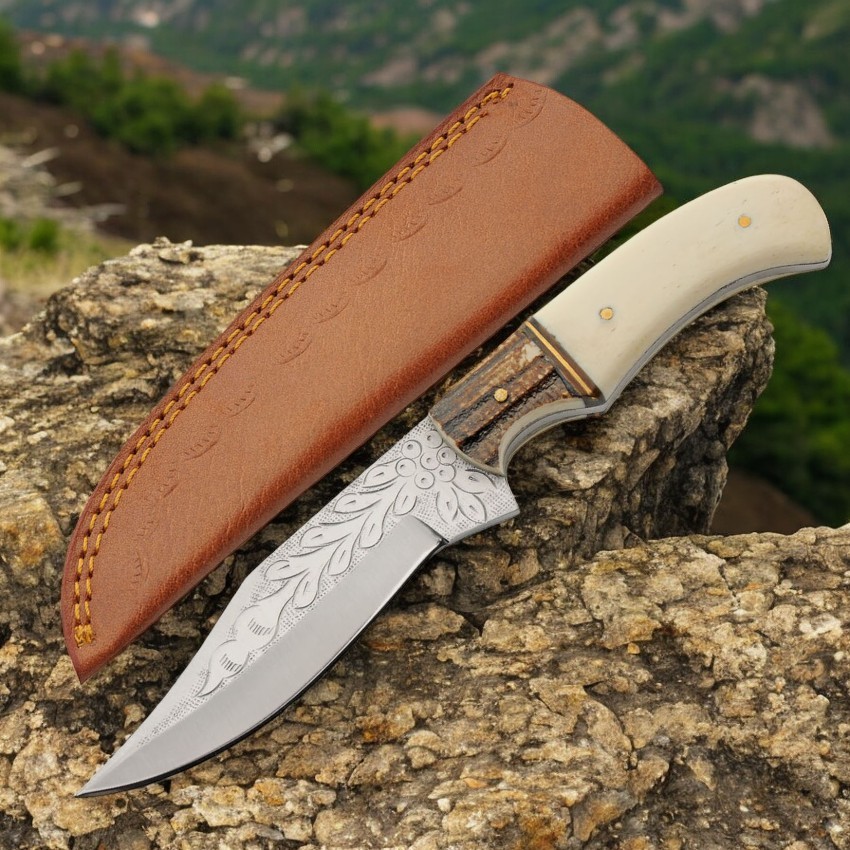 Hunting Knife 8.75″ Camel Bone Handle Stag Bolster Engraved Clip Blade + Sheath