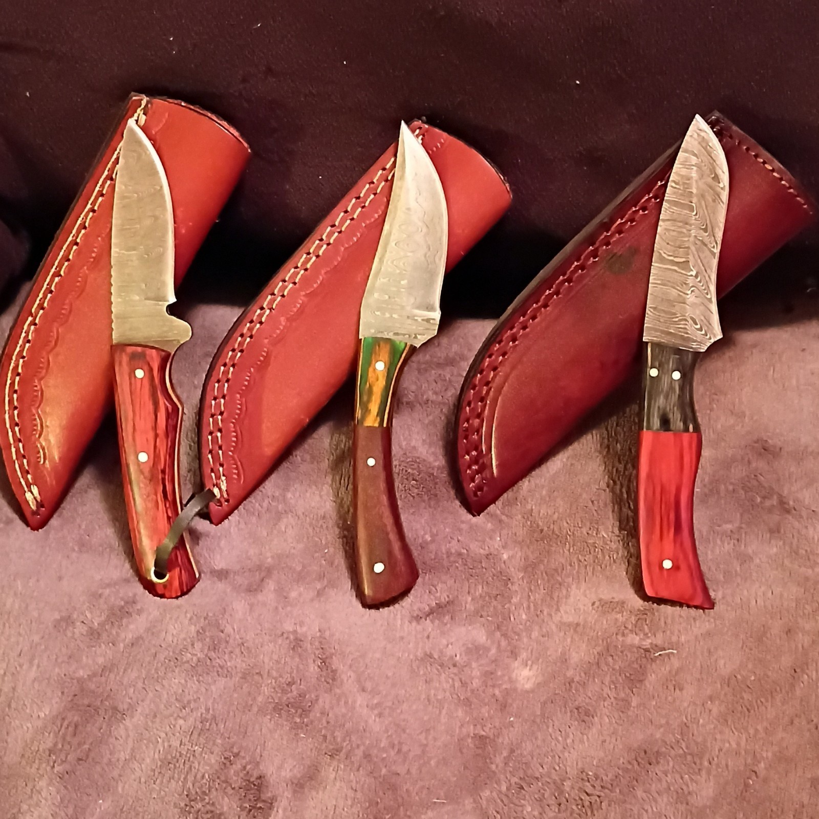 3 Damascus Steel Fixed Blade Hunting Knife Set 3-4in Straight Edge Wood & Sheath