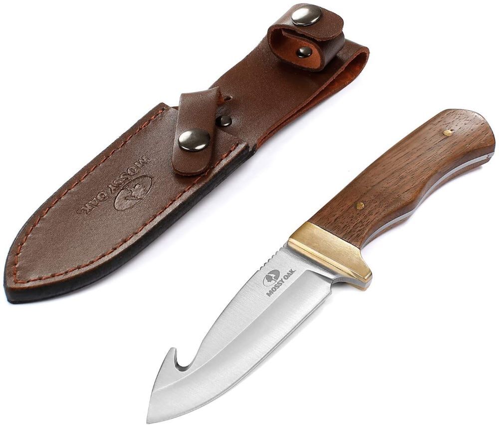 Mossy Oak Fixed Blade Gut Hook Knife 9.5″ Full Tang Knife Wooden Handle w/Sheath
