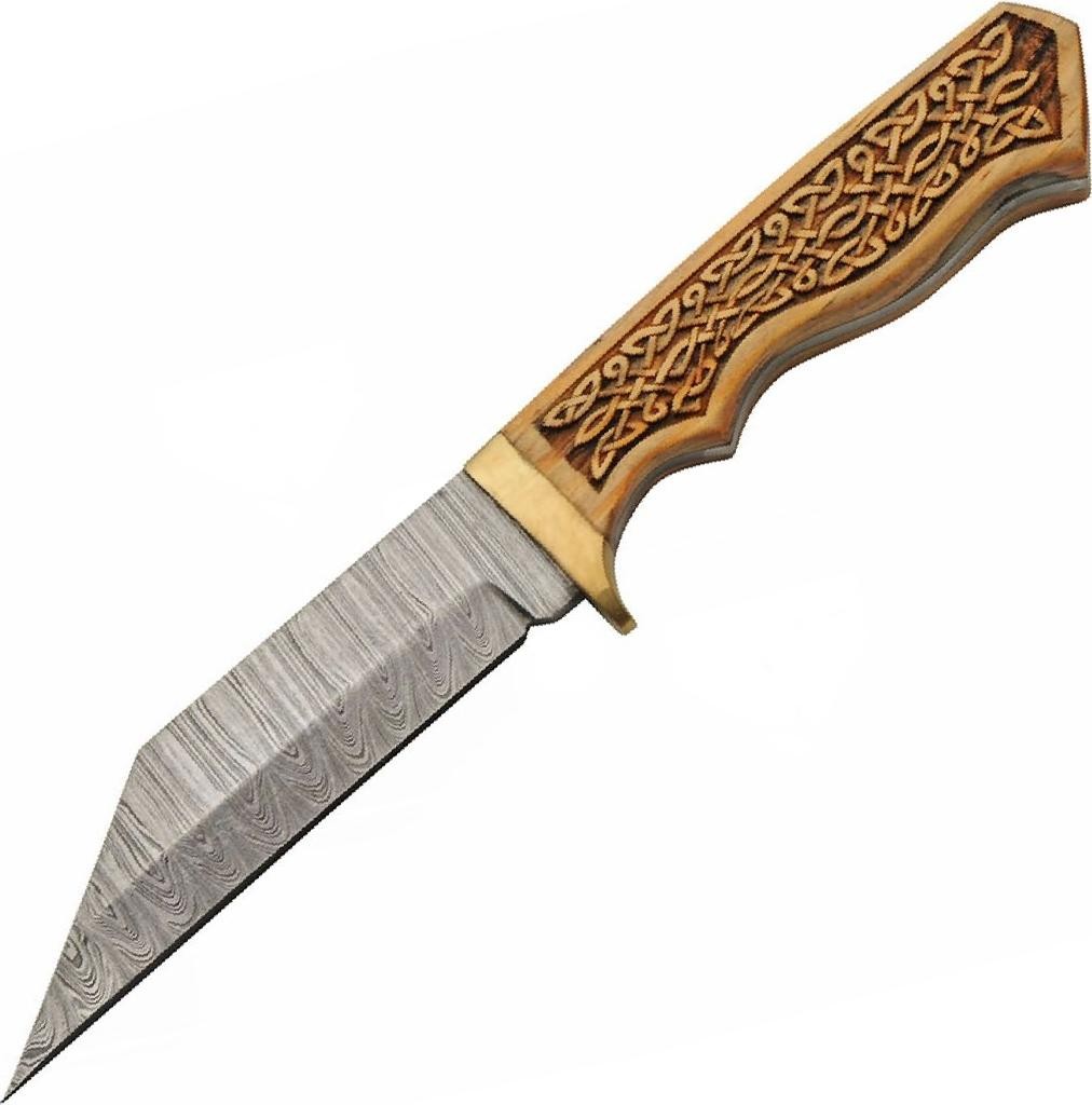 Seax Knife 4.5in Damascus Steel Blade Wood Handle Viking Saxon + Leather Sheath